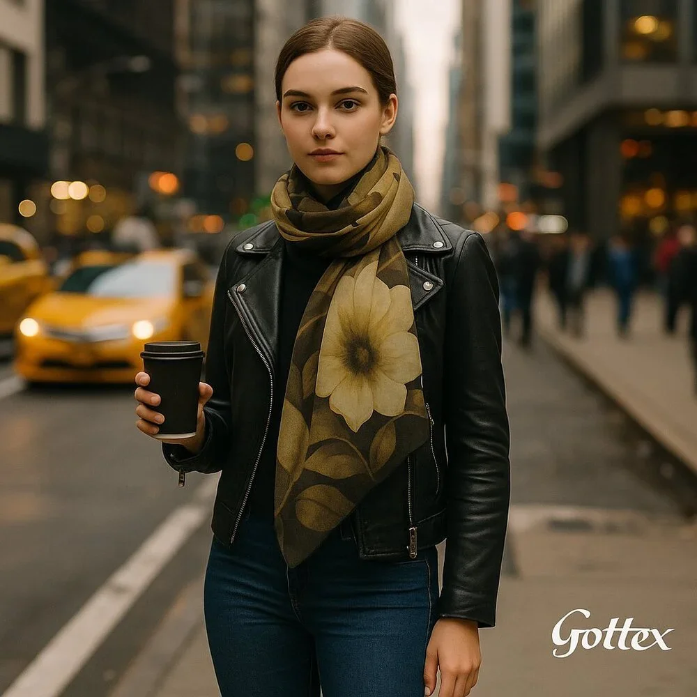 Gottex Sheer Floral Silk Scarf Wrap – Neutral Gold & Black